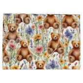 水彩の花と漫画テディベアのパターン ラージペーパーバッグ (裏面)