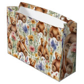 水彩の花と漫画テディベアのパターン ラージペーパーバッグ (裏面アングル)