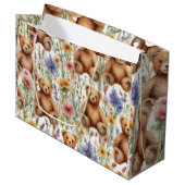 水彩の花と漫画テディベアのパターン ラージペーパーバッグ (正面アングル)