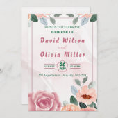 水彩の花と葉のピンクの結婚式 招待状 (正面/裏面)