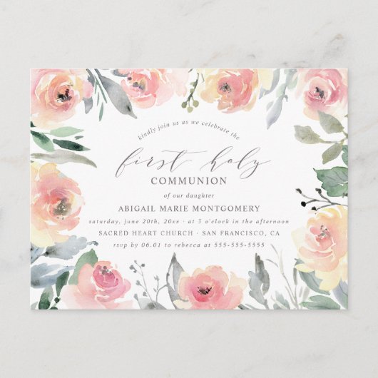 水彩の花と葉の聖餐式 インビテーションポストカード (正面)