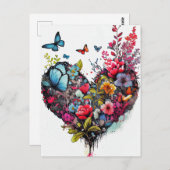 水彩の花と蝶のハートのカード ポストカード (正面/裏面)