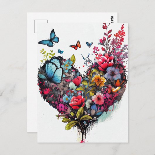 水彩の花と蝶のハートのカード ポストカード (正面/裏面)