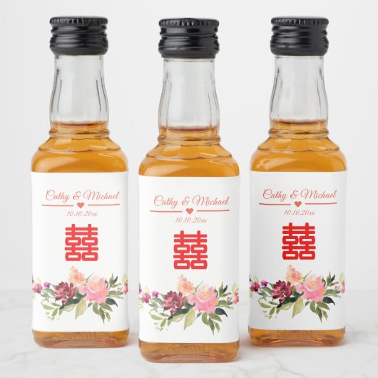 水彩の花の二重の幸福中国の結婚の リキュールボトルラベル (ボトル)
