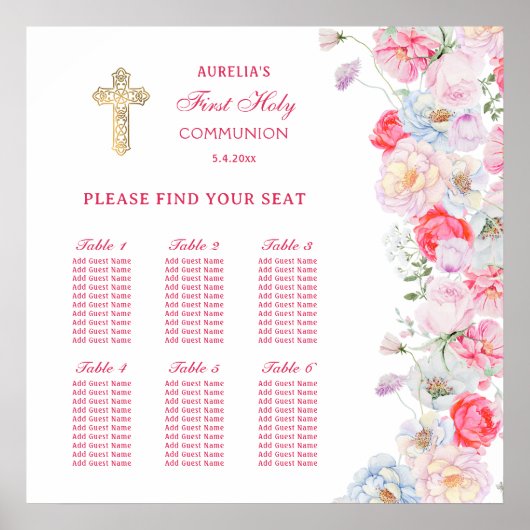 水彩の花の最初のコミュニオンシーティングチャート ポスター (正面)