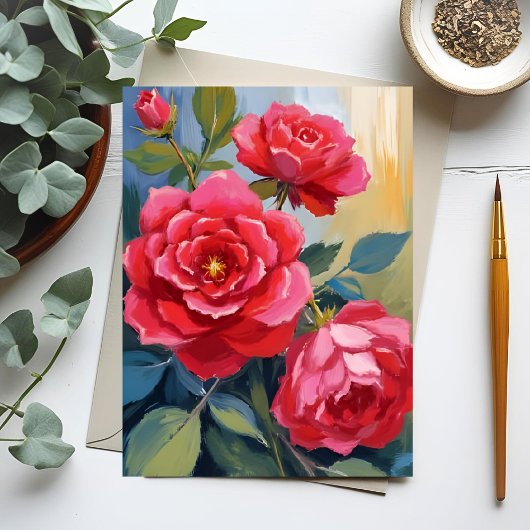 水彩の花の絵 赤いバラの茂み ポストカード