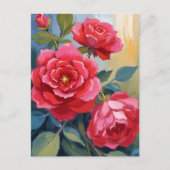 水彩の花の絵 赤いバラの茂み ポストカード (正面)