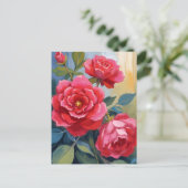 水彩の花の絵 赤いバラの茂み ポストカード (スタンド正面)