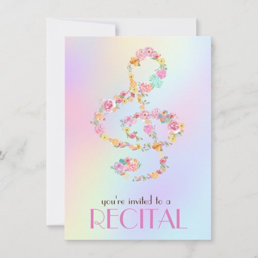 水彩の花トレブルクレフ、 音符記号 招待状 (正面)