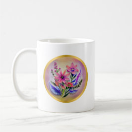 水彩の花束の花々、カラフルな背景    コーヒーマグカップ
