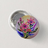 水彩の花束の花々、カラフルな背景 缶バッジ (正面&裏面)
