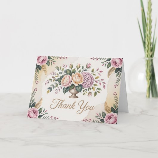水彩の花輪がデザインされたフラワーの感謝カード サンキューカード (正面)