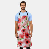 水彩の花：ケシ牡丹イカット。 エプロン (着用した状態)