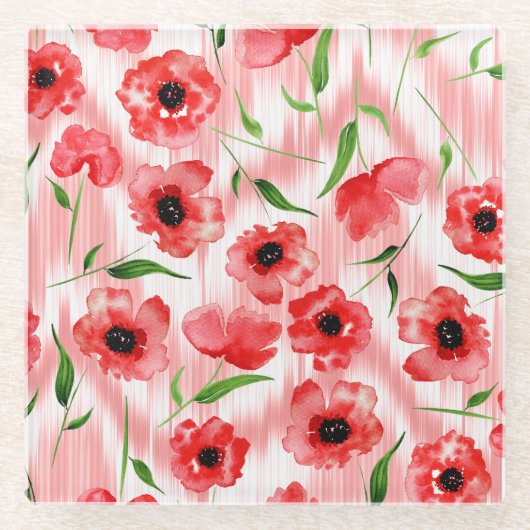 水彩の花:ケシ牡丹イカット。 ガラスコースター (正面)