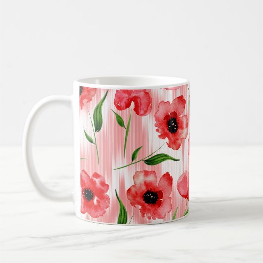 水彩の花:ケシ牡丹イカット。 コーヒーマグカップ (左)