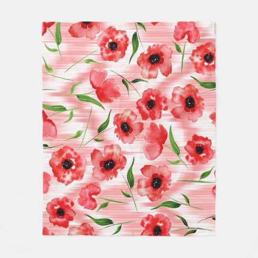 水彩の花：ケシ牡丹イカット。 フリースブランケット (正面)