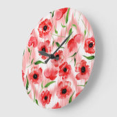 水彩の花：ケシ牡丹イカット。 ラージ壁時計 (傾斜)