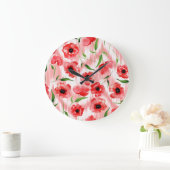 水彩の花：ケシ牡丹イカット。 ラージ壁時計 (ホーム)