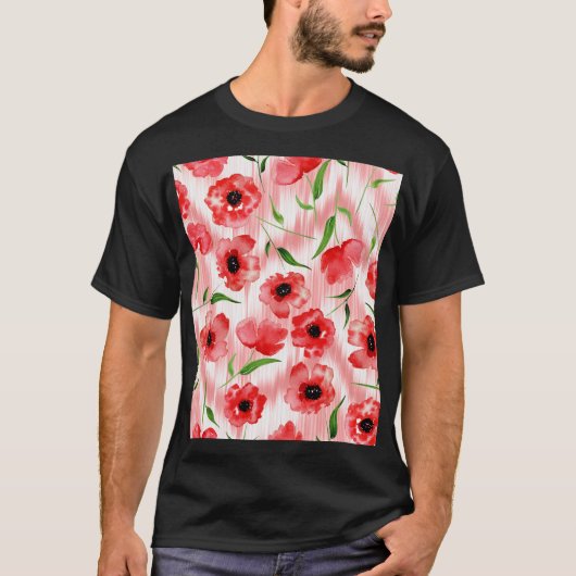 水彩の花:ケシ牡丹イカット。 Tシャツ (正面)