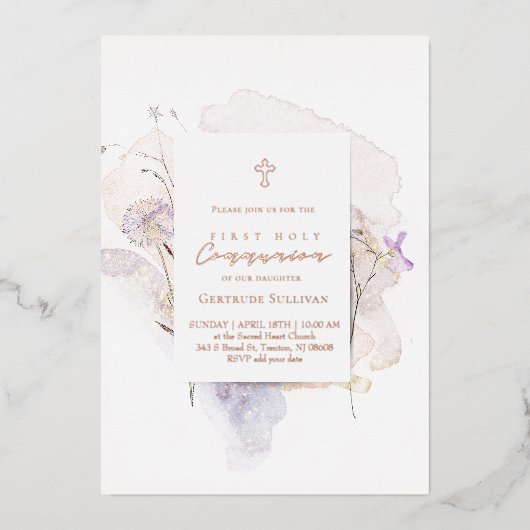 水彩の花 初聖体拝領 箔招待状 (正面)