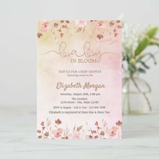 水彩の草原 ピンクの花 赤ちゃんの成長  招待状 (スタンド正面)