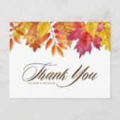 水彩の落ち葉が舞う秋のウェディング サンクスカード ポストカード (正面)