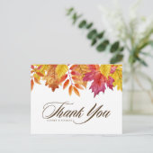 水彩の落ち葉が落ちる秋のウェディングサンクスカード ポストカード (スタンド正面)