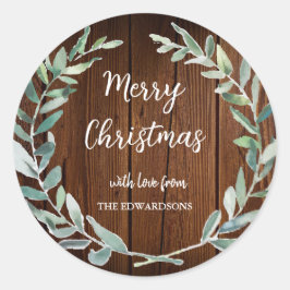 水彩の葉がついた素朴な木のクリスマスカード　メリークリスマス ラウンドシール