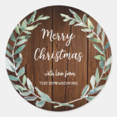 水彩の葉がついた素朴な木のクリスマスカード ラウンドシール (正面)
