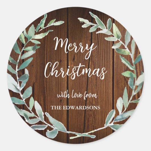 水彩の葉がついた素朴な木のクリスマスカード ラウンドシール (正面)