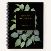 水彩の葉がエレガントなゴールドのプロフェッショナル ノートブック (正面)