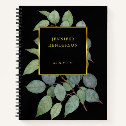 水彩の葉がエレガントなゴールドのプロフェッショナル ノートブック (正面)