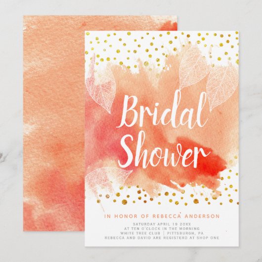 水彩の葉とコンフェッティ ウェディング ブライダル シャワー 招待状 (正面/裏面)