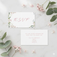 水彩の葉とピンクの花の「RSVP」ウェディング