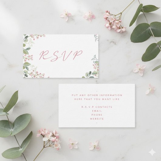 水彩の葉とピンクの花の「RSVP」ウェディング エンクロージャーカード