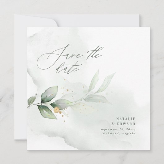 水彩の葉とメタリックゴールドのウェディング セーブザデート (正面)