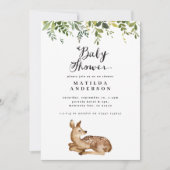 水彩の葉と鹿の森の赤ちゃんシャワー 案内状 (正面)