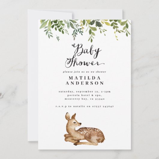水彩の葉と鹿の森の赤ちゃんシャワー 案内状 (正面)