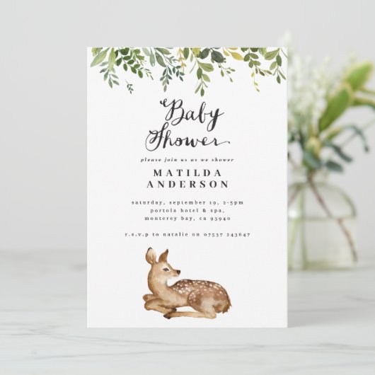 水彩の葉と鹿の森の赤ちゃんシャワー 案内状 (スタンド正面)