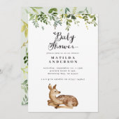 水彩の葉と鹿の森の赤ちゃんシャワー 案内状 (正面/裏面)