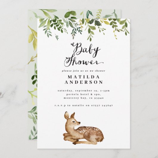 水彩の葉と鹿の森の赤ちゃんシャワー 案内状 (正面/裏面)
