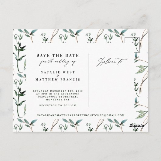 水彩の葉のアンパサンドで日付を保存 ポストカード (裏面)