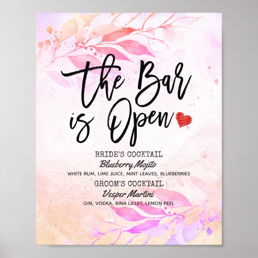 水彩の葉のウェディング バーはオープン ドリンクメニュー ポスター (正面)