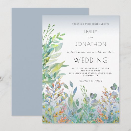 水彩の葉のシーガラス ダスティーブルー ウェディング 招待状 (正面/裏面)