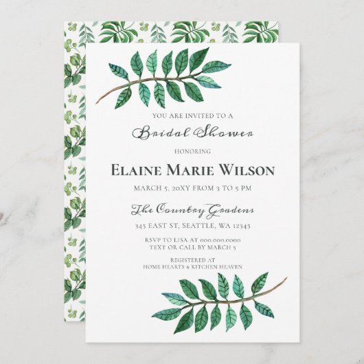 水彩の葉の緑ブライダルシャワー 招待状 (正面/裏面)