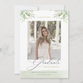 水彩の葉の葉文字の写真の卒業 案内状 (正面)