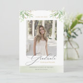 水彩の葉の葉文字の写真の卒業 案内状 (スタンド正面)