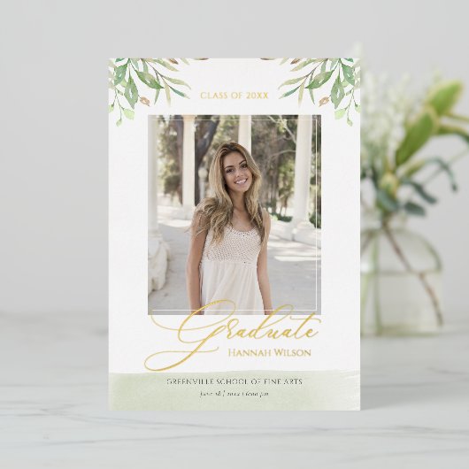 水彩の葉の葉文字の写真の卒業 箔招待状 (立ち正面)