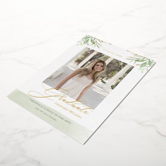 水彩の葉の葉文字の写真の卒業 箔招待状 (回転した状態)