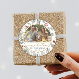 水彩の葉の金ゴールドスクリプト写真クリスマス ラウンドシール